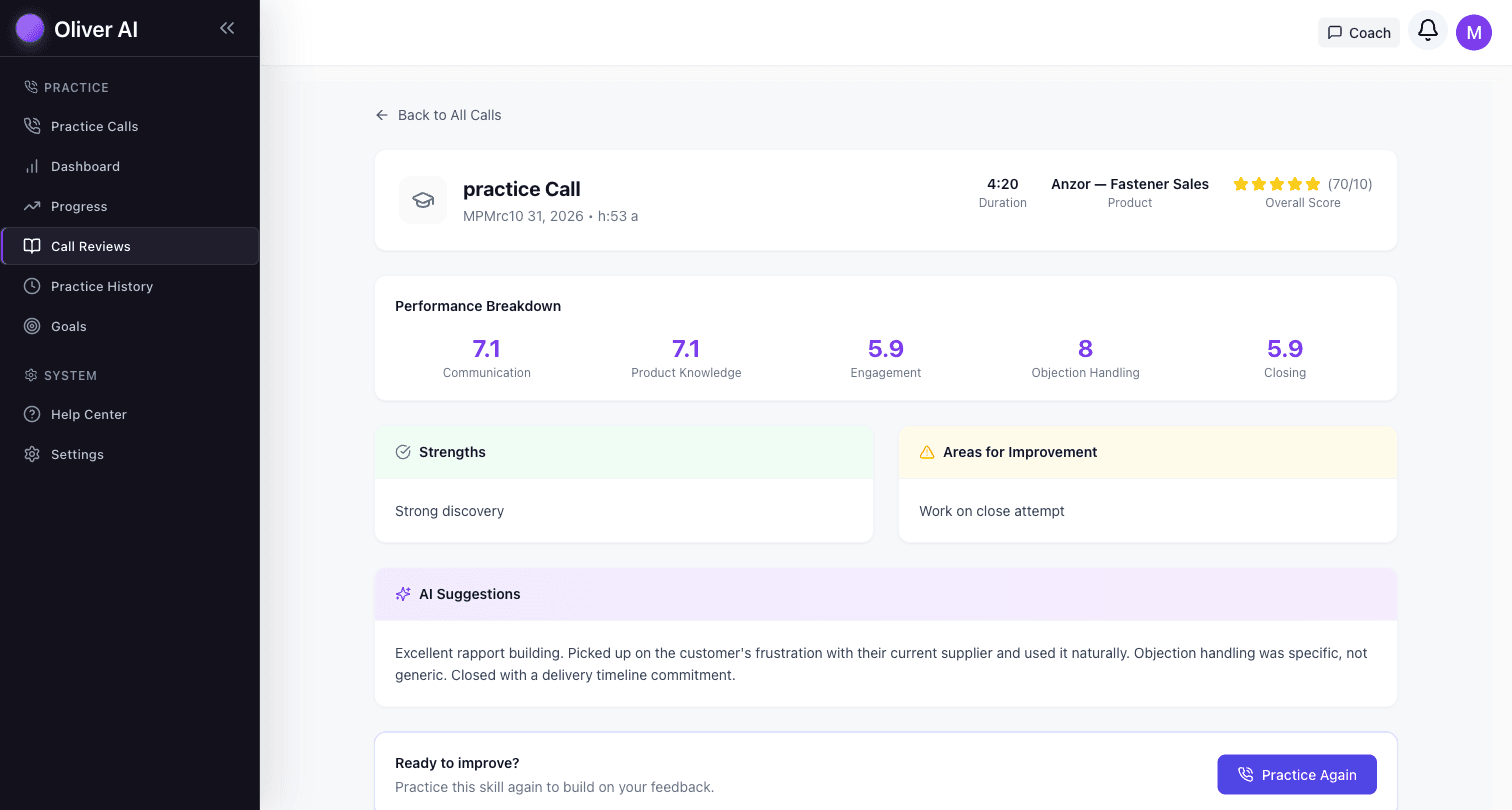 Oliver AI coaching feedback screen with transcript and specific improvement areas